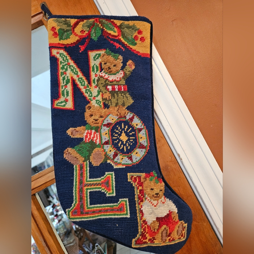 Vintage needlepoint teddy bear noel stocking